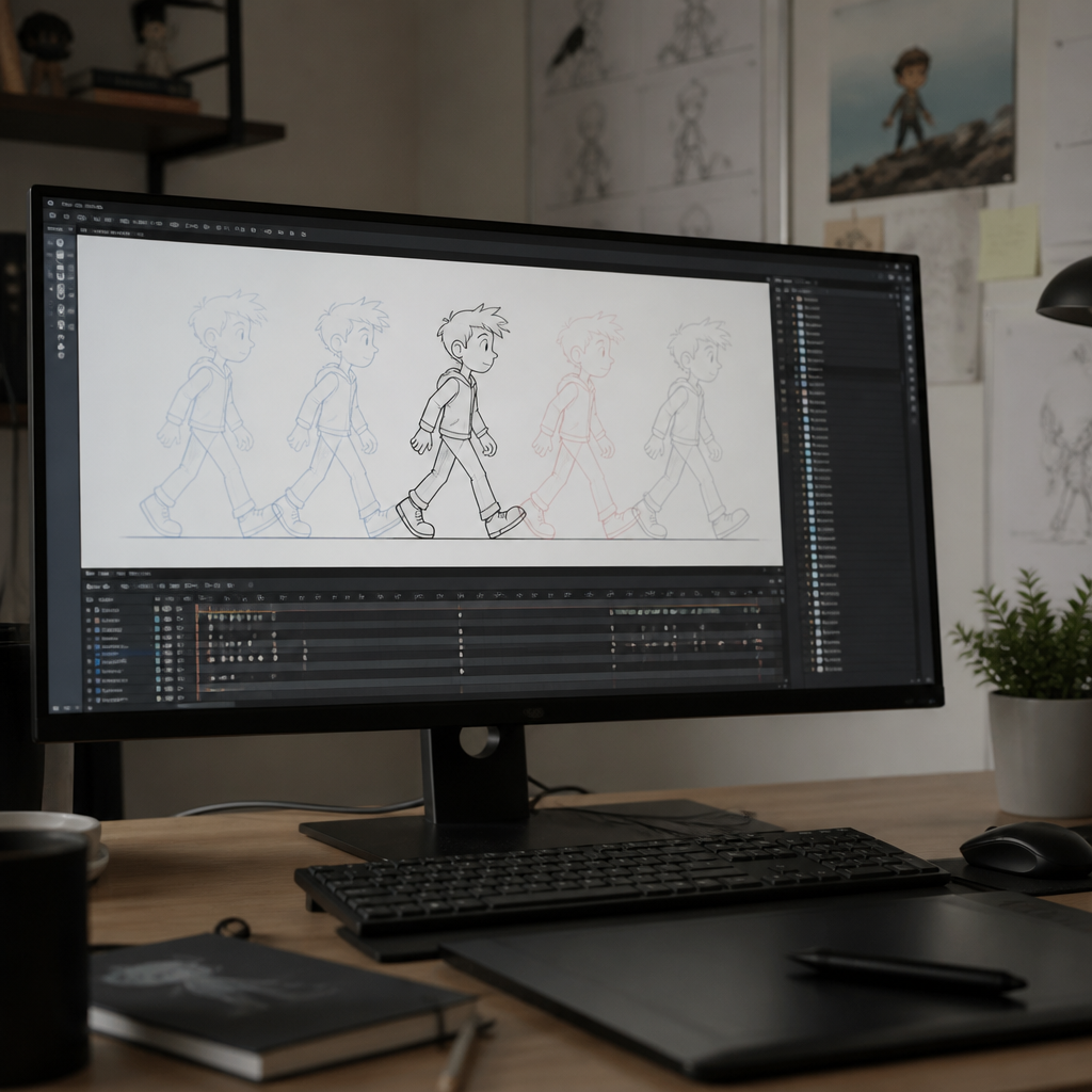 Animation workspace on a wide monitor showing a character walk cycle: a timeline with keyframes at the bottom, onion skinned drawings of the previous and next frames in pale colours, and a layer stack on the right