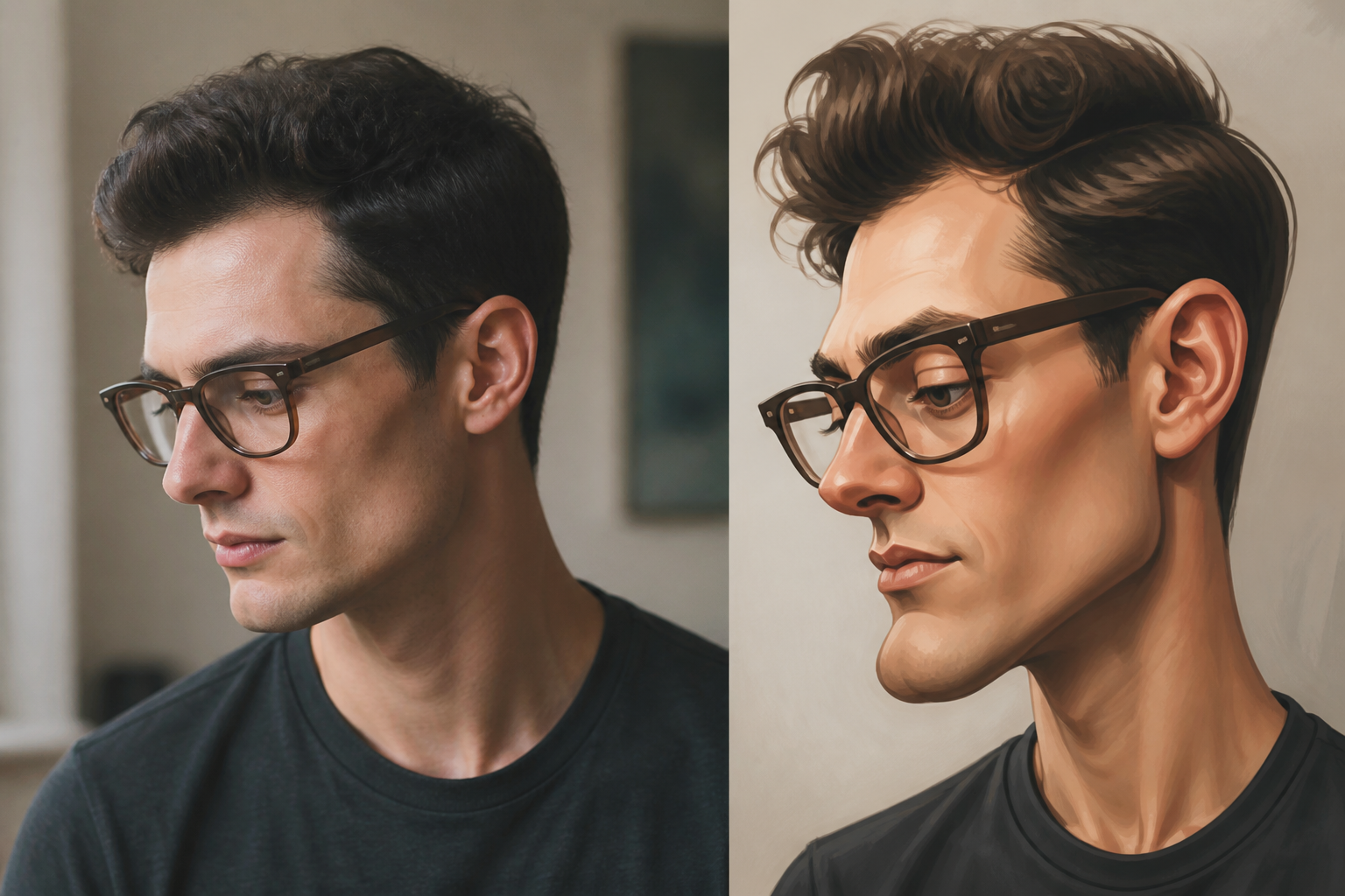 Two panels side by side: a plainly lit three quarter reference photograph of a man with glasses and a strong jaw, and the finished digital caricature that exaggerates the jaw and the glasses while keeping the likeness