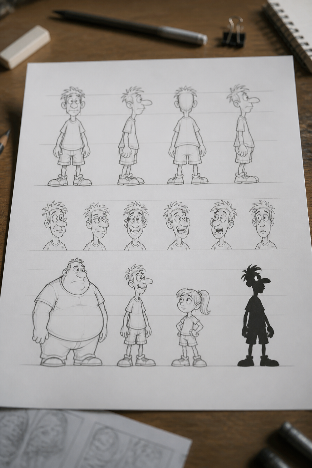Character model sheet for a comic figure: four turnaround views on shared eye lines, a row of six expressions, a size comparison with two other characters, and the same figure filled solid black as a silhouette test