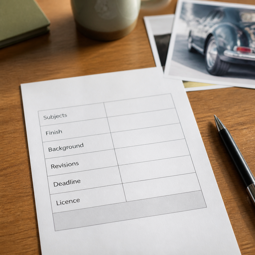 A printed commission quotation on a desk with six lines visible, subjects, finish, background, revisions, deadline and licence, each with a blank amount column, next to a pen and a reference photograph