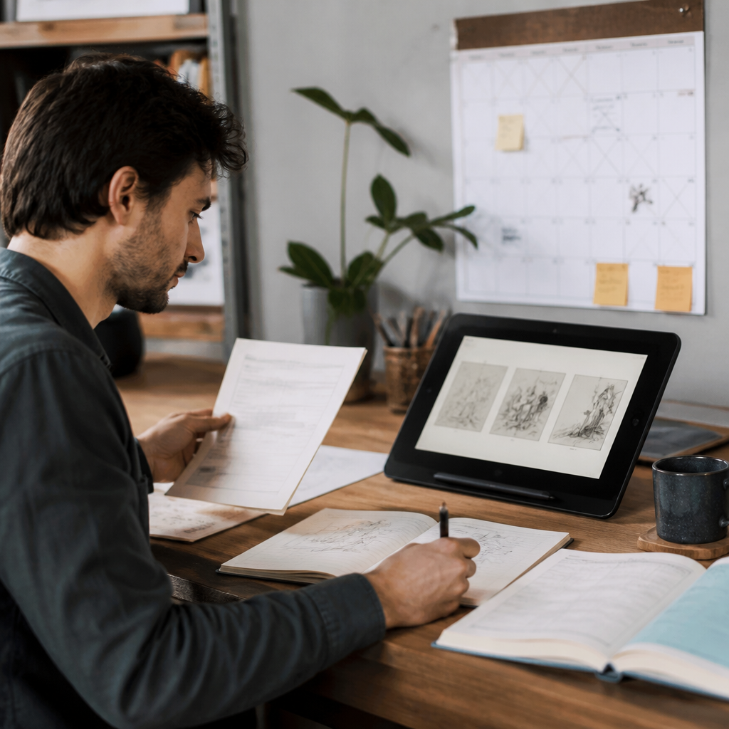Illustrator at a desk reviewing a printed commission brief beside a tablet screen showing three thumbnail sketches, with an invoice book and a calendar marked with delivery dates