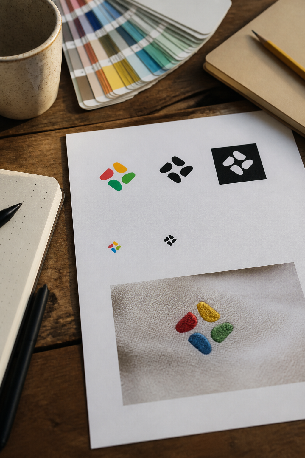 Printed test sheet for a logo showing the same abstract mark eight times: full colour, solid black, reversed white on black, at favicon size, embroidered on fabric and photographed from a distance