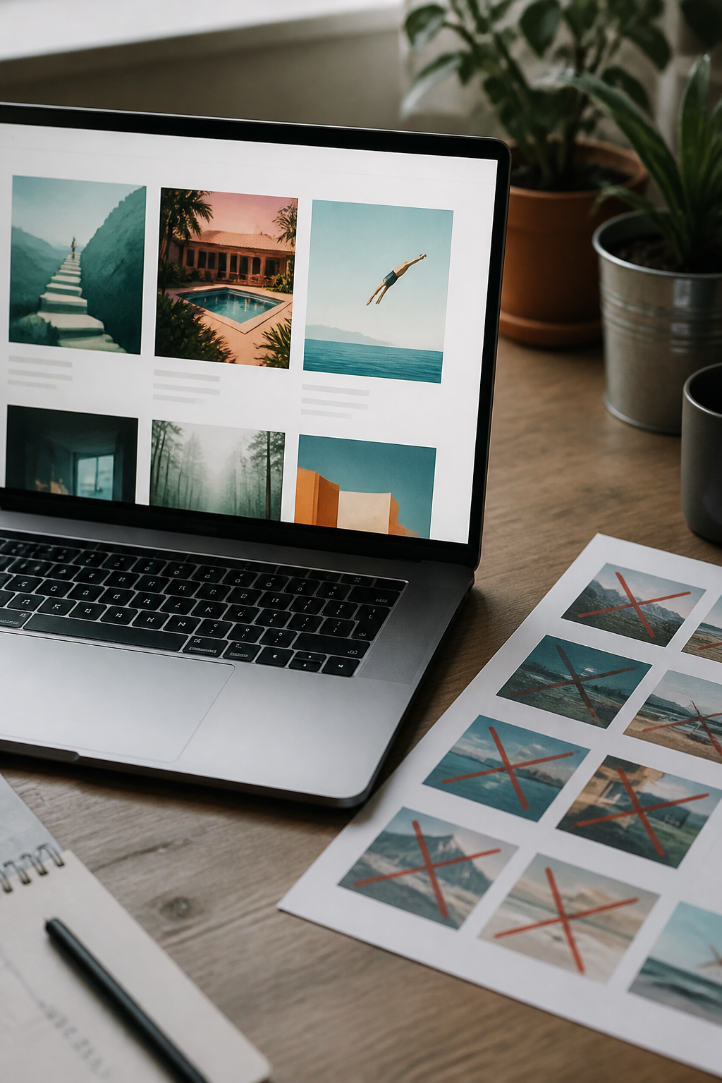 Laptop screen showing a three column illustration portfolio grid with captions under each image, beside a printed contact sheet where four pictures have been crossed out in red
