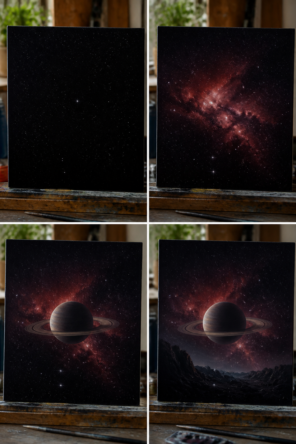 Four stage progression of a painted space scene: black field with scattered stars, then a red nebula added, then a lit ringed planet with a soft terminator, then the finished graded image with a rocky foreground silhouette